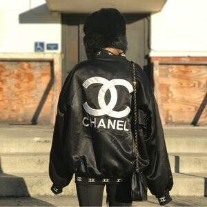 Vintage 1990s Black Chanel Bomber Jacket m/L